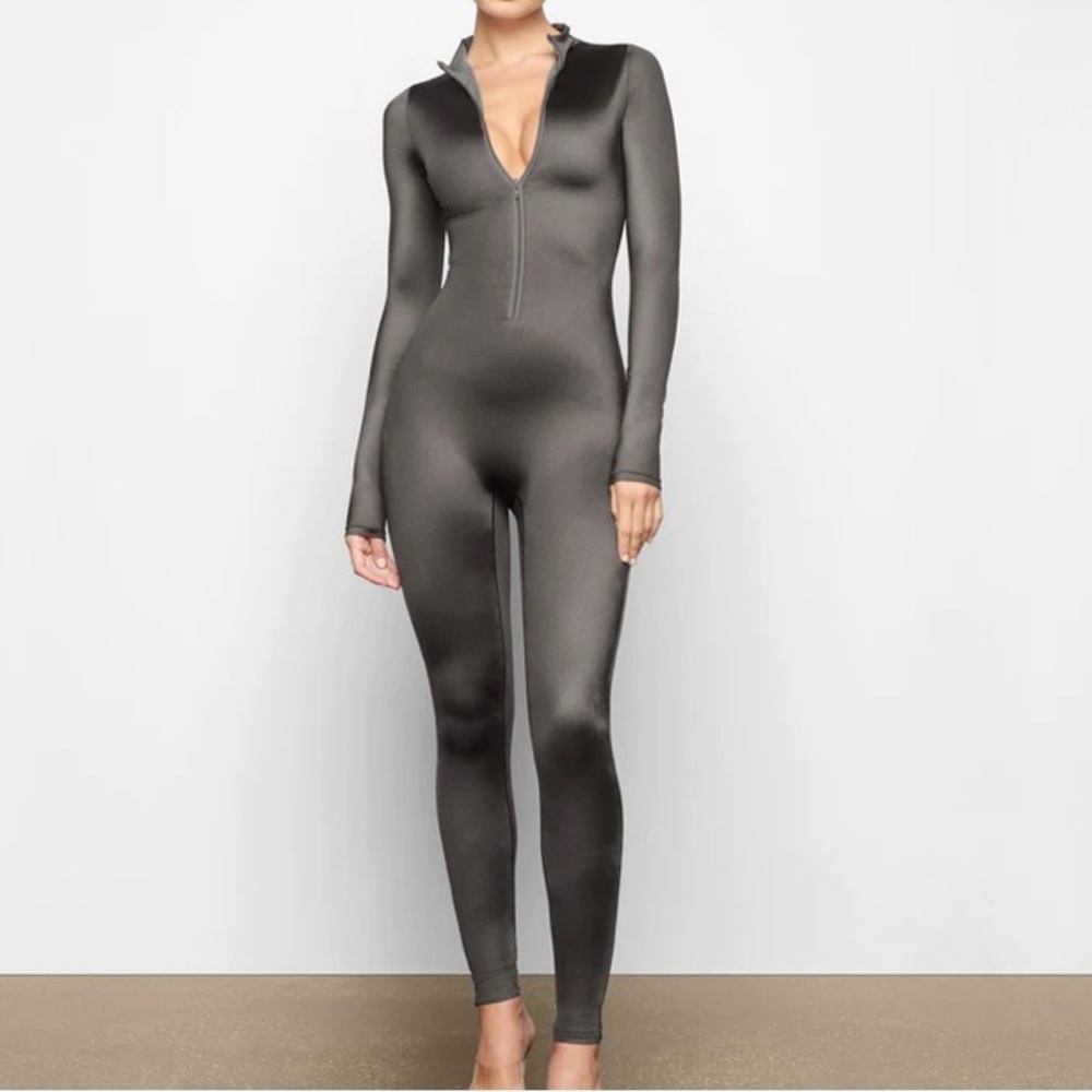 SKIMS, All-in-One Shine mock neck, long sleeve, onesie. Size Small - Gunmetal